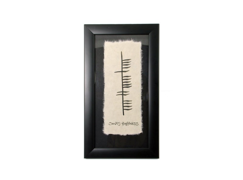 Biddy Murphy SONAS is Gaelic for Happiness, Hand Scripted Irish Ogham Wall DÃ©cor, 6â€x 11â€, Black Wood Matted Glass Frame, Elegant Bespoke Feathered Handmade Paper, Irish Housewarming Gift, Imported from Ireland | Handmade in Ireland | Crafted on Handmade Paper | Written in Ogham Script - Image 1